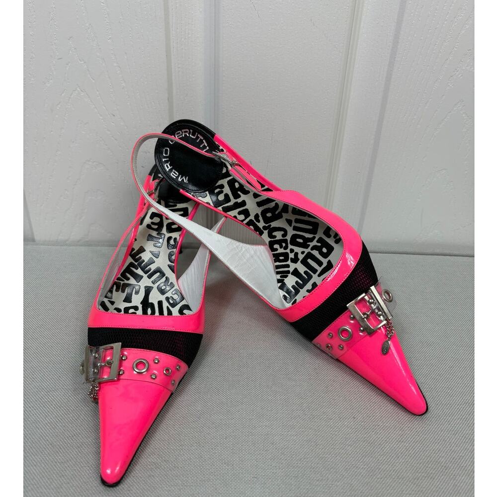 Mario Cerutti Pink Black Slingback Women's Heels 37 Pointed Toe Patent Leather